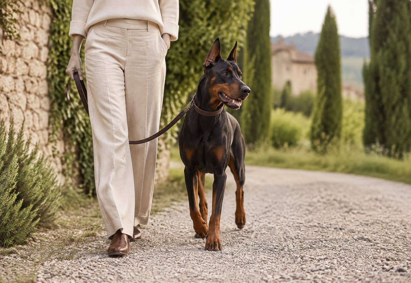 Doberman Pinscher walking calmly beside a handler